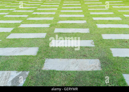 green grass and gray brick block for walking in park Stock Photo