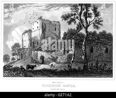 An engraving of the West Tower of Goodrich Castle, Herefordshire scanned at high resolution from a book printed in 1846. Stock Photo