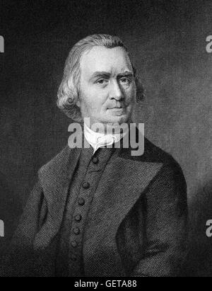 Samuel Adams (1722-1803), an American statesman, political philosopher, and one of the Founding Fathers of the United State. An 1839 engraving by G F Storm, after a drawing by James Barton Longacre, from a painting by John Singleton Copley. Stock Photo