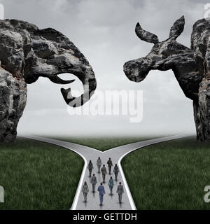 American election decision and voting in the USA concept as voters walking towards a fork in the road under a cliff shaped as an elephant and donkey representing conservative and liberal choices with 3D illustration elements. Stock Photo