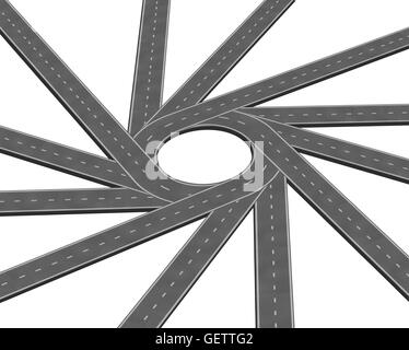 Converging road or highway business metaphor representing the concept of a concentrating multiple paths to focus together as a concept of unity in a 3D illustration style isolated on a white background. Stock Photo