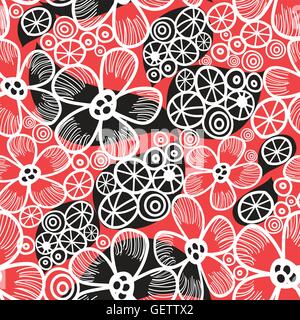 Seamless graphic pattern and abstraction flowers on a red background Stock Vector