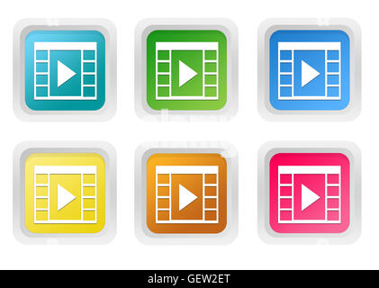 Set of squared colorful buttons with movie symbol in blue, green, yellow, red and orange colors Stock Photo