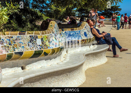Multicolored mosaic bench at Park Guell, Barcelona, Catalonia, Spain Stock Photo