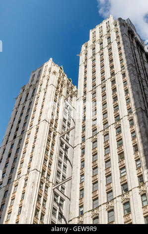 View looking up at the exterior rear facade of the Woolworth Building, New York. Stock Photo