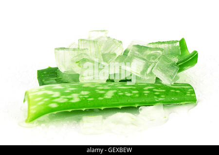 Aloe Vera Gel and Cut Aloe Vera Leaves on White Background. Aloe Vera gel almost use in food, medicine and beauty industry. Stock Photo