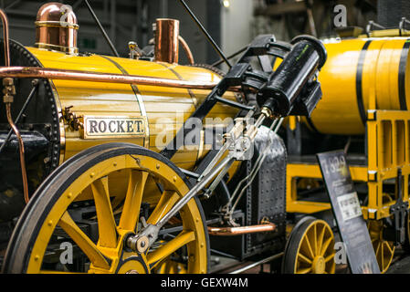 Stephenson's Rocket steam locomotive on display at the National Railway Museum in York. Stock Photo