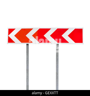 Dangerous turn. Red and white stripped arrow. Road sign isolated on white background Stock Photo