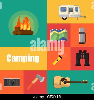 Camping equipment symbols and icons Stock Vector