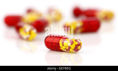 Colorful of oral medications on White Background. Stock Photo