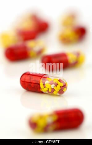 Colorful of oral medications on White Background. Stock Photo