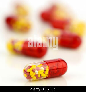 Colorful of oral medications on White Background. Stock Photo