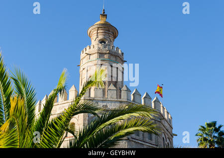The Torre del Oro, in Spanish: Torre del Oro, is a military control tower, consisting of twelve sides, which stands on the riverside of Seville, Spain Stock Photo