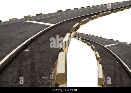 Abstract two cross of black asphalt road transport and curve with concrete box along beside the way isolated on white background Stock Photo
