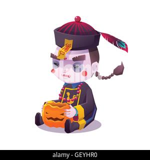 Vector Illustration of Jiangshi Chinese Hopping Vampire Ghost with Pumpkin for Halloween on White Background, Cute  Cartoon Stock Vector