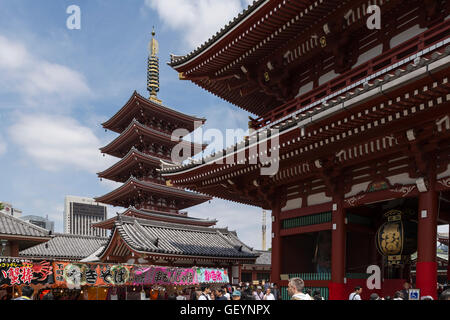 The senso-ji temple in Tokyo, Japan, during the asakusa sanja matsuri in spring 2016. View on the main gate and the pagoda. Stock Photo