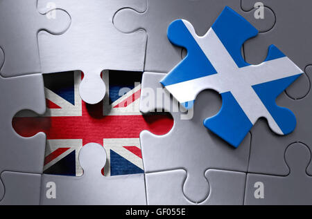 Missing piece from a UK jigsaw puzzle revealing UK flag with Scottish flag jigsaw piece on one side Stock Photo