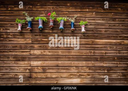 Display of flowers in kids wellies hanged on a barn wall on a farm Stock Photo