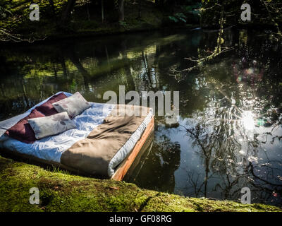 Double bed floating on the surface of a small lake in The Terra Nostra Garden in furnas,  on Sao Miguel island, Azores, Portugal Stock Photo