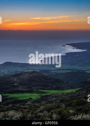 Aerial view of the Ponta Delgada, capital of Sao Miguel Island in the Azores, Portugal. Picture taken at sunset. Stock Photo