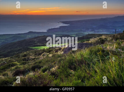 Aerial view of the Ponta Delgada, capital of Sao Miguel Island in the Azores, Portugal. Picture taken at sunset. Stock Photo