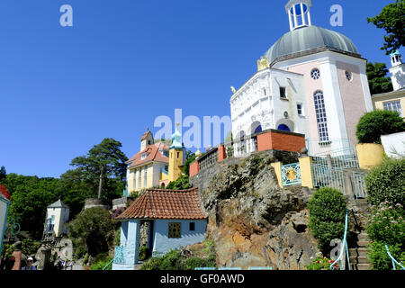 Portmeirion, North Wales, UK. July 18, 2016. Italian design buildings built into the rock at the top Tourist attraction in Wales Stock Photo