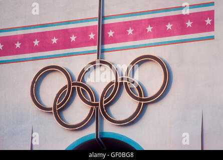 Olympic rings at L.A. Memorial Coliseum during 1984 Olympic Games in Los Angeles. Stock Photo