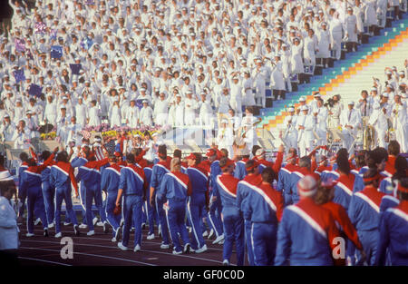 US athletes enter stadium during opening ceremonies at 1984 Olympic Games in Los Angeles. Stock Photo