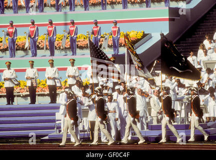 Flag ceremony during Opening Ceremonies at L.A. Memorial Coliseum during 1984 Olympic Games in Los Angeles. Stock Photo