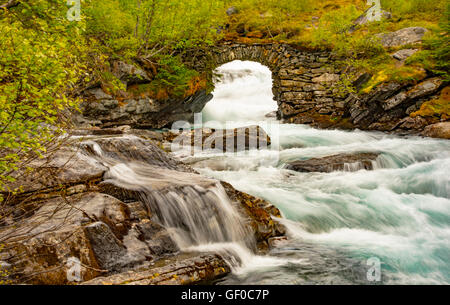 Trollistegen, Waterfalls, Rivers, and Stone Bridge. Reinheimen National Park, Norway, Scandanavia, Europen Stock Photo