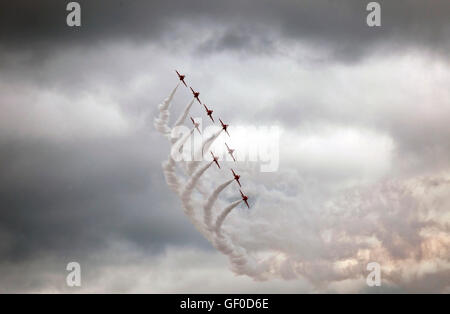 The Red Arrows aerobatic team perform at the Bray Air Display Ireland 2016. performing Concorde manoeuvre maneuver Stock Photo