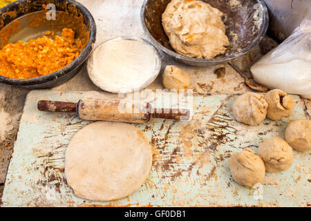 Traditional way of making indian parantha on street sell stall in Jaisalmer, India Stock Photo