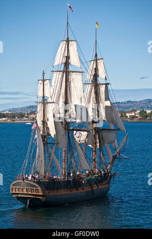 Tall Sailing Ship HMS Surprise, on San Diego Bay, CA US, is a magnificent replica of an 18th century Royal Navy frigate.    She  Stock Photo