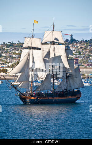 Tall Sailing Ship HMS Surprise, on San Diego Bay, CA US, is a magnificent replica of an 18th century Royal Navy frigate. Stock Photo