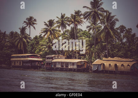 Allepey, Kerala, India, March 31, 2015: Backwaters boats. Channels on the river in the city of Allapuzha. Stock Photo