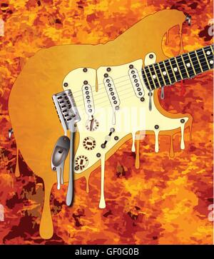 A traditional rock guitar melting down in a background of flames Stock Vector