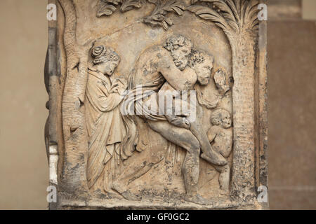 Aeneas flees burning Troy with father Anchises on his shoulder. Renaissance relief on the Summer Palace of Queen Anna in the Royal Garden of Prague Castle in Prague, Czech Republic. Stock Photo