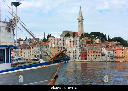 Rovinj's old town with fishing boat in foreground. Stock Photo