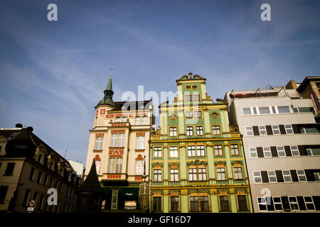 Details of medieval buildings lining the Market Square in central Wroclaw, Poland. Stock Photo