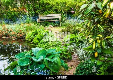 Wooden seat overlooking a garden pond in early summer. Stock Photo