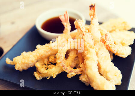 close up of deep-fried shrimps and soy sauce Stock Photo