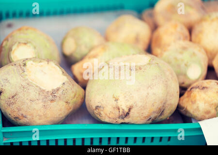 close up of swede or turnip at street market Stock Photo