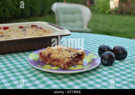 Warm tart with plums and almonds served in a garden Stock Photo