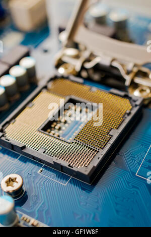 An up close view of where a CPU goes inside a motherboard Stock Photo