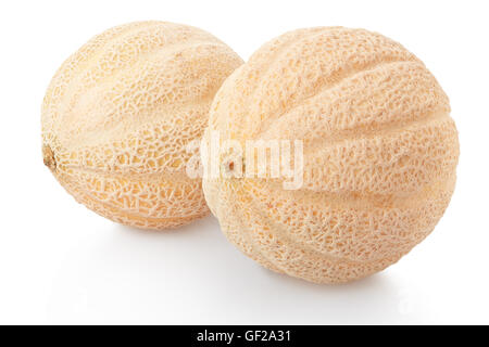 Two cantaloupe melons on white, clipping path Stock Photo