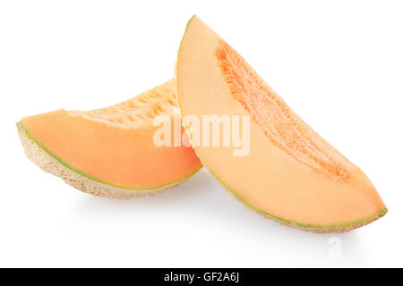 Two cantaloupe melon slices isolated on white, clipping path Stock Photo