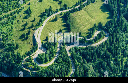 Swings of mountain pass road Oberjochpass, aerial view, between Oberjoch and Bad Hindelang,  Allgäu, Allgaeu, Bavaria, Germany Stock Photo