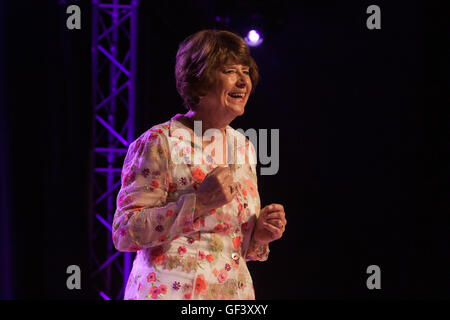 Sidmouth, Devon, UK. 28th July, 2016. National treasure Pam Ayres opens the pre-festival day of Sidmouth Folk Week to a packed audience of 1,200 on the Ham stage in the centre of town. The festival continues at scores of venues throughout Sidmouth until the 5th August. Credit:  South West Photos/Alamy Live News Stock Photo