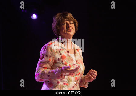 Sidmouth, Devon, UK. 28th July, 2016. National treasure Pam Ayres opens the pre-festival day of Sidmouth Folk Week to a packed audience of 1,200 on the Ham stage in the centre of town. The festival continues at scores of venues throughout Sidmouth until the 5th August. Credit:  South West Photos/Alamy Live News Stock Photo