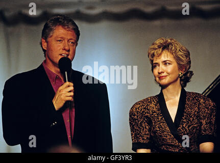 File. 28th July, 2016. HILLARY CLINTON is now officially the Democratic presidential nominee, making history as the first and only female to have ever won the presidential nomination of a major party. Pictured: June 18, 1993 - Washington, District of Columbia, United States of America - United States President Bill Clinton makes remarks during the taping of the PBS series ''In Performance at the White House'' on the South Lawn of the White House in Washington, DC on June 18, 1993. The show is to honor the 40th anniversary of the Newport Jazz Festival. First lady Hillary Rodham Clinton looks Stock Photo